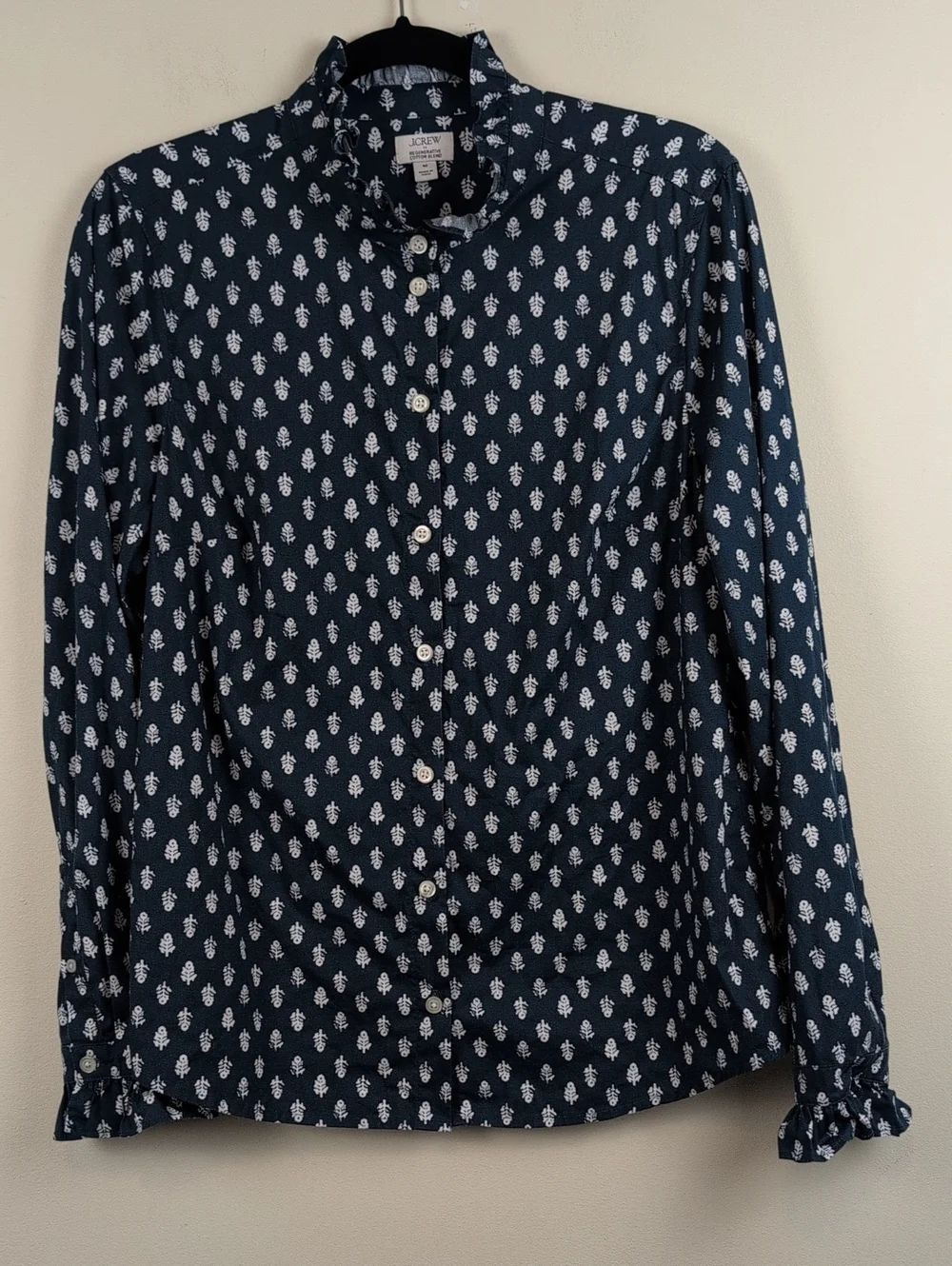 J. Crew 2025 Printed Ruffle Button Up Shirt in Peacock Ivory Size M